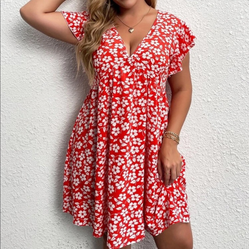 Last one Boho plus size dot v neck ruffle sleeve dress
